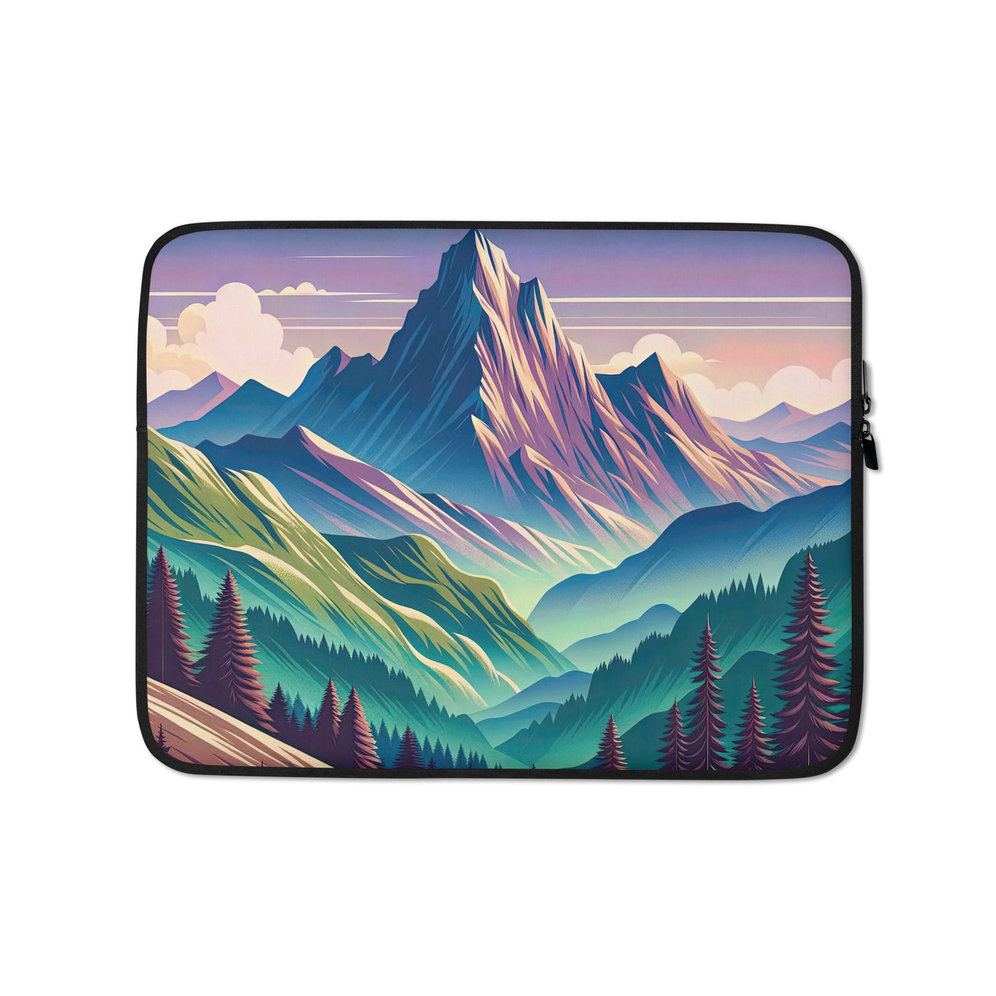 Harmonische Berglandschaft mit Schweizer Flagge auf Gipfel - Laptophülle berge xxx yyy zzz 13″