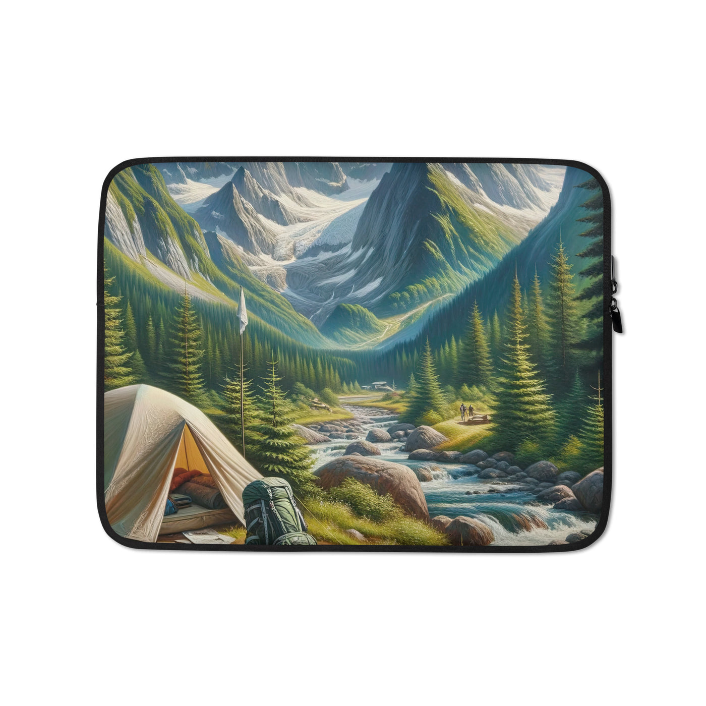 Ölgemälde der Alpensommerlandschaft mit Zelt, Gipfeln, Wäldern und Bächen - Laptophülle camping xxx yyy zzz 13″