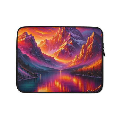 Ölgemälde eines Bootes auf einem Bergsee bei Sonnenuntergang, lebendige Orange-Lila Töne - Laptophülle berge xxx yyy zzz 13″