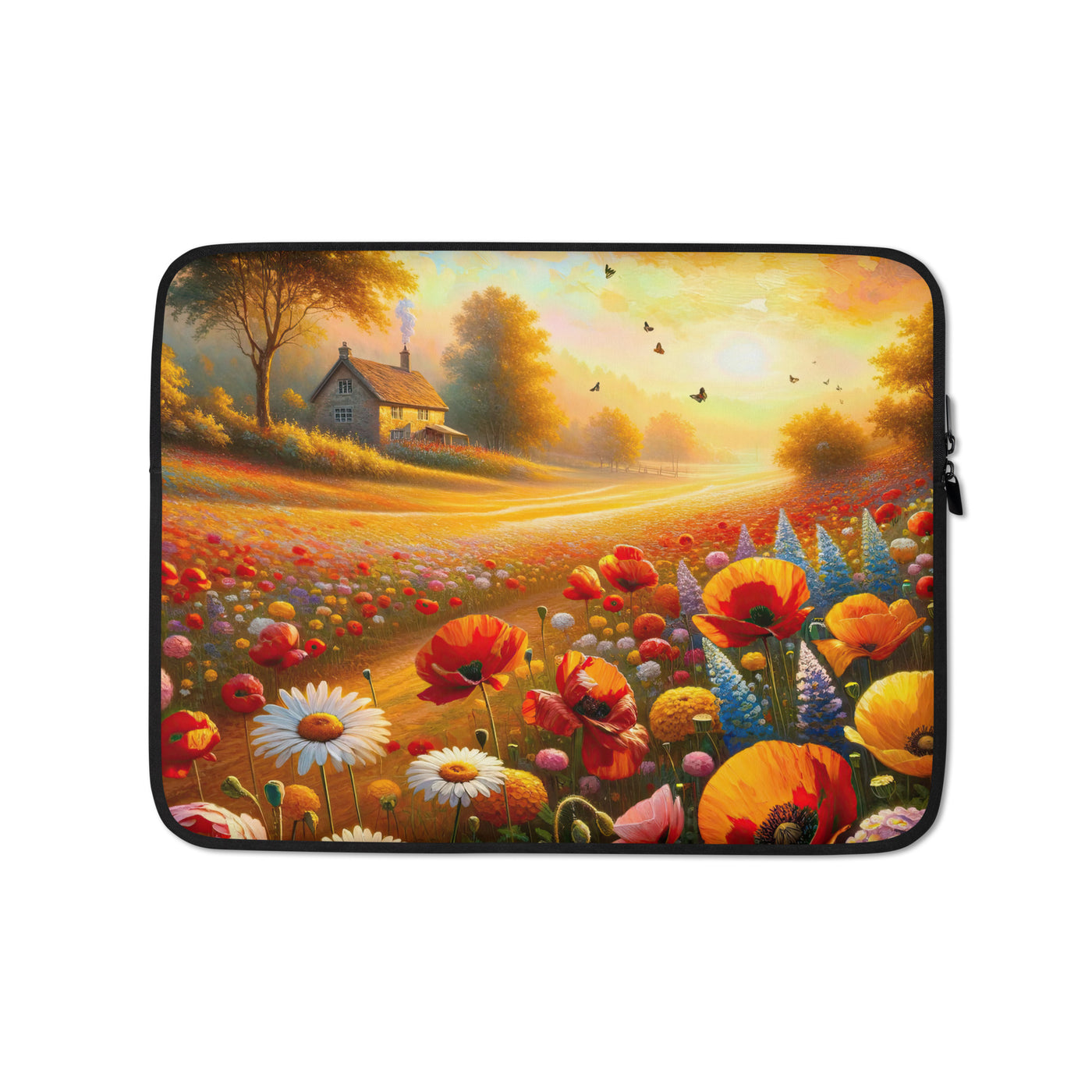 Ölgemälde eines Blumenfeldes im Sonnenuntergang, leuchtende Farbpalette - Laptophülle camping xxx yyy zzz 13″