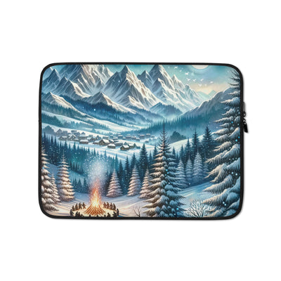 Aquarell eines Winterabends in den Alpen mit Lagerfeuer und Wanderern, glitzernder Neuschnee - Laptophülle camping xxx yyy zzz 13″