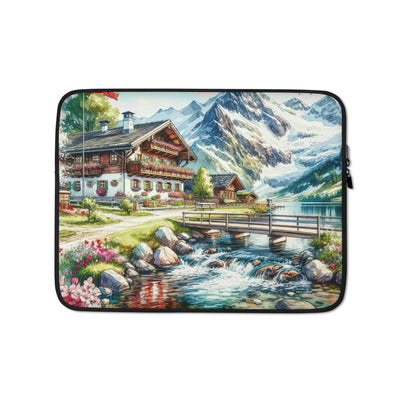 Aquarell der frühlingshaften Alpenkette mit österreichischer Flagge und schmelzendem Schnee - Laptophülle berge xxx yyy zzz 13″