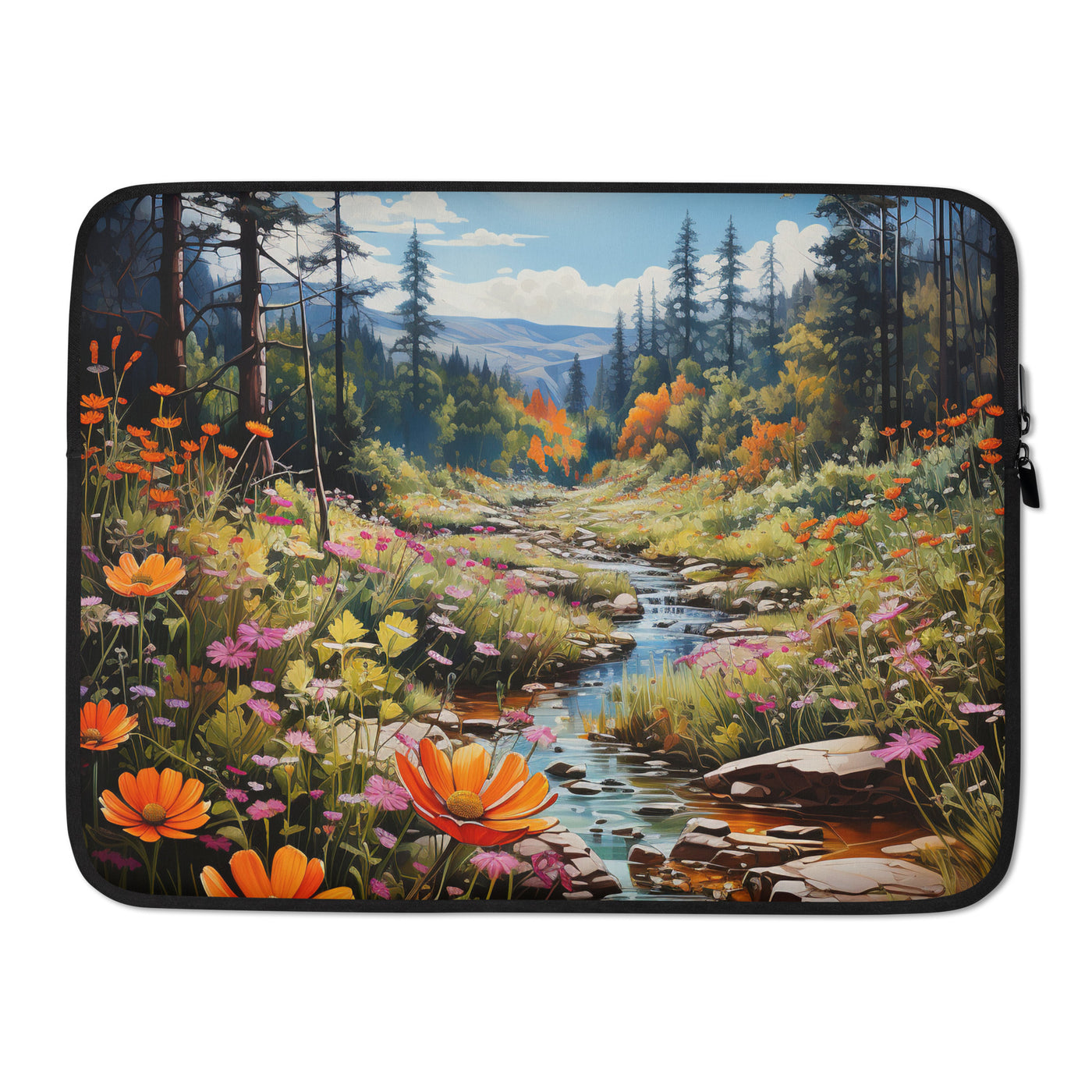 Berge, schöne Blumen und Bach im Wald - Laptophülle berge xxx 15″