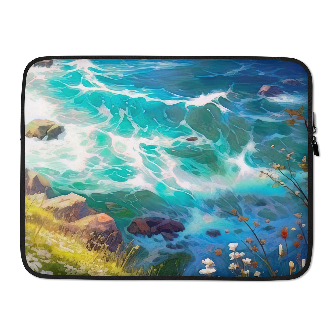 Berge, Blumen, Fluss und Steine - Malerei - Laptophülle camping xxx 15″