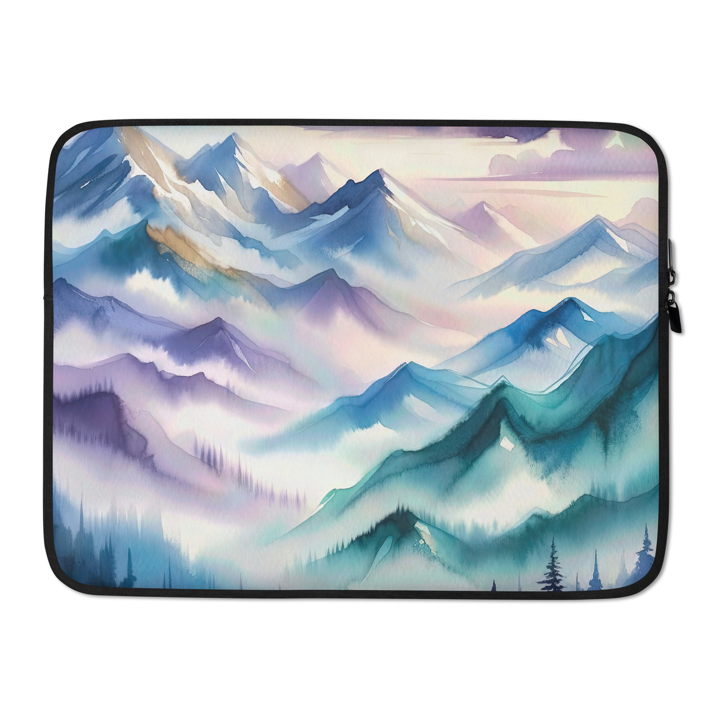 Ein Aquarellgemälde der Alpen in einem sanften, traumhaften Stil. Die Berge werden in Strichen mit Gold wiedergegeben - Laptophülle berge xxx yyy zzz 15″