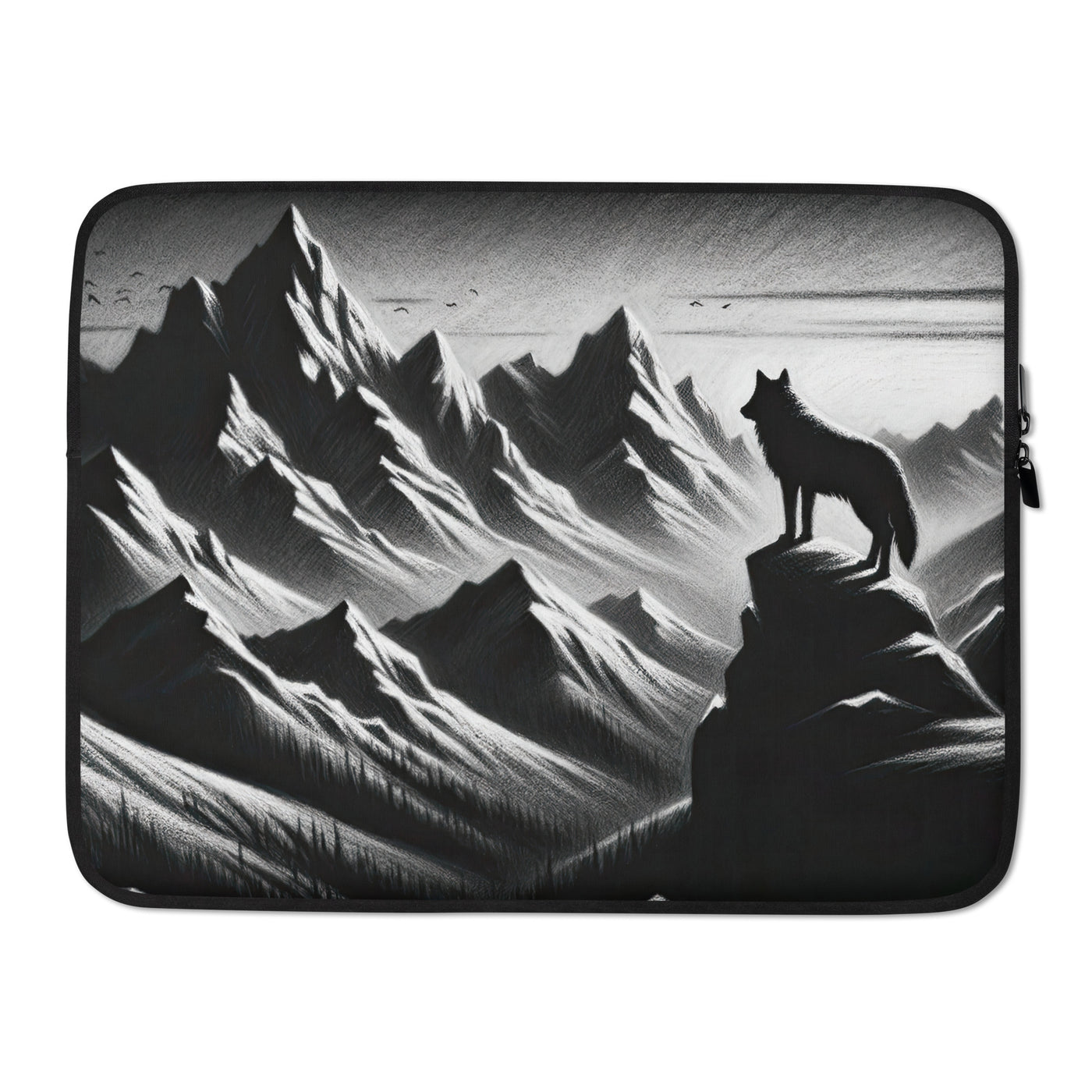 Kohlezeichnung, die die stille Stille der Alpen in der Winterdämmerung verkörpert. Wolf auf einem Berghügel (AN) - Laptophülle xxx yyy zzz 15″