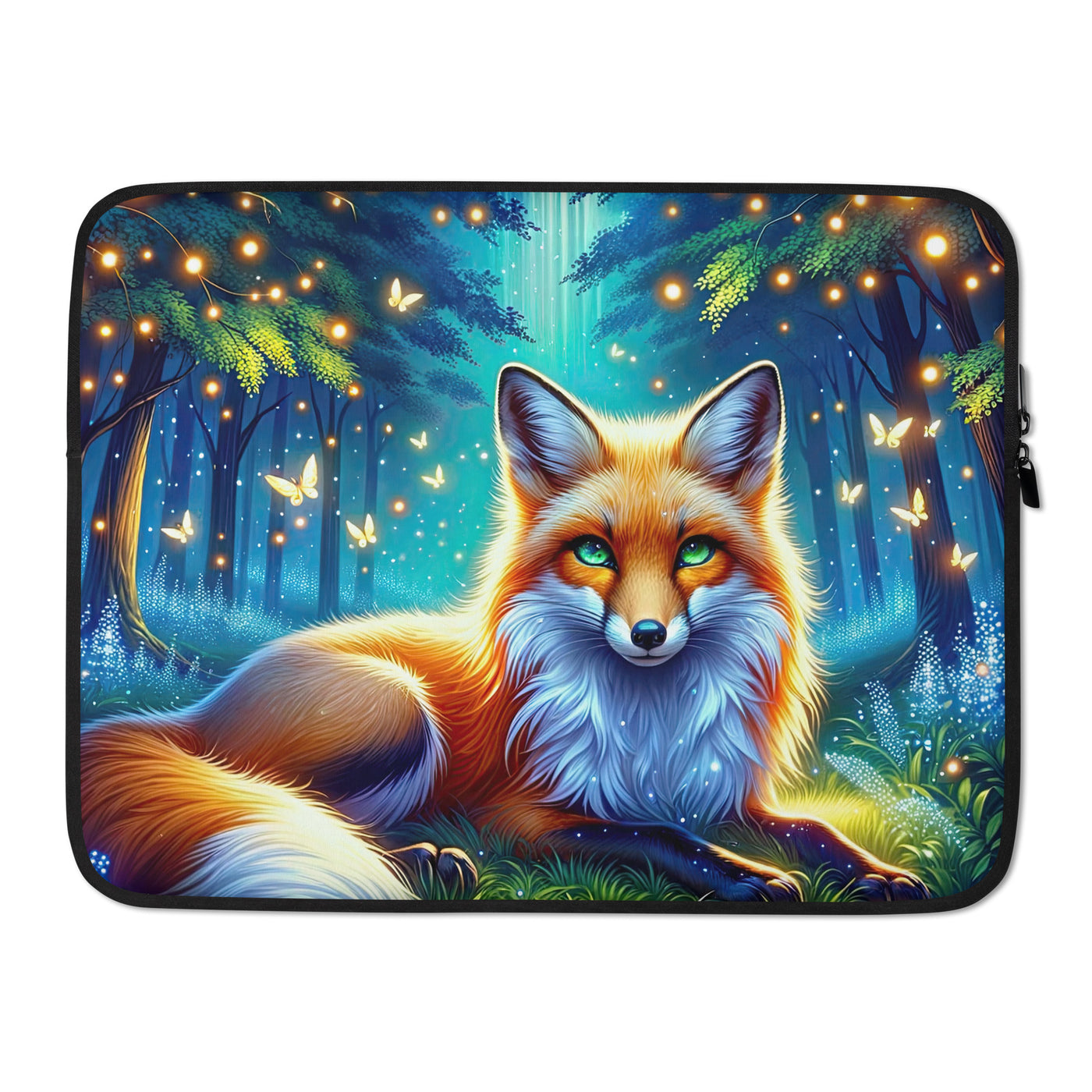 Funkelnder Nachtfuchs auf Waldlichtung mit Feuerwerk - Laptophülle camping xxx yyy zzz 15″