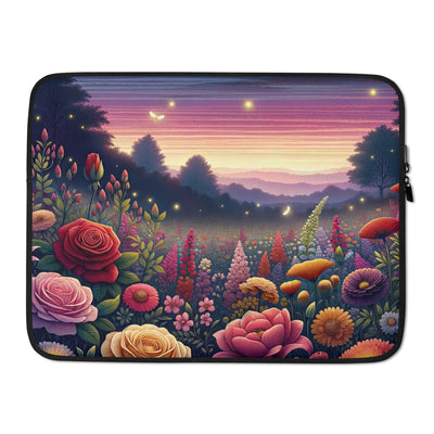 Skurriles Blumenfeld in Dämmerung, farbenfrohe Rosen, Lilien, Ringelblumen - Laptophülle camping xxx yyy zzz 15″