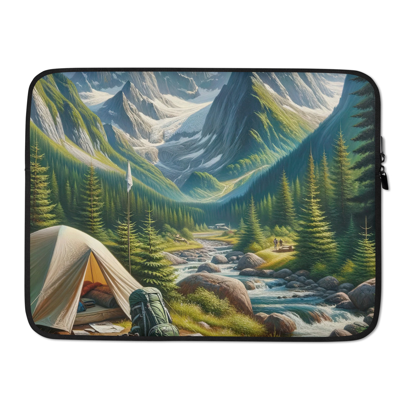 Ölgemälde der Alpensommerlandschaft mit Zelt, Gipfeln, Wäldern und Bächen - Laptophülle camping xxx yyy zzz 15″