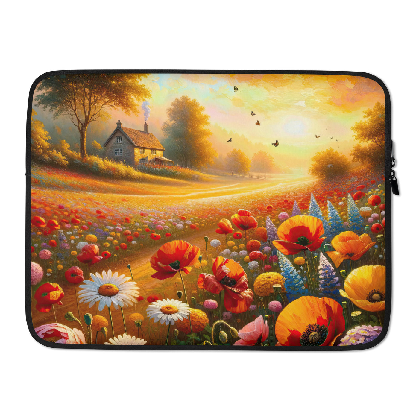 Ölgemälde eines Blumenfeldes im Sonnenuntergang, leuchtende Farbpalette - Laptophülle camping xxx yyy zzz 15″