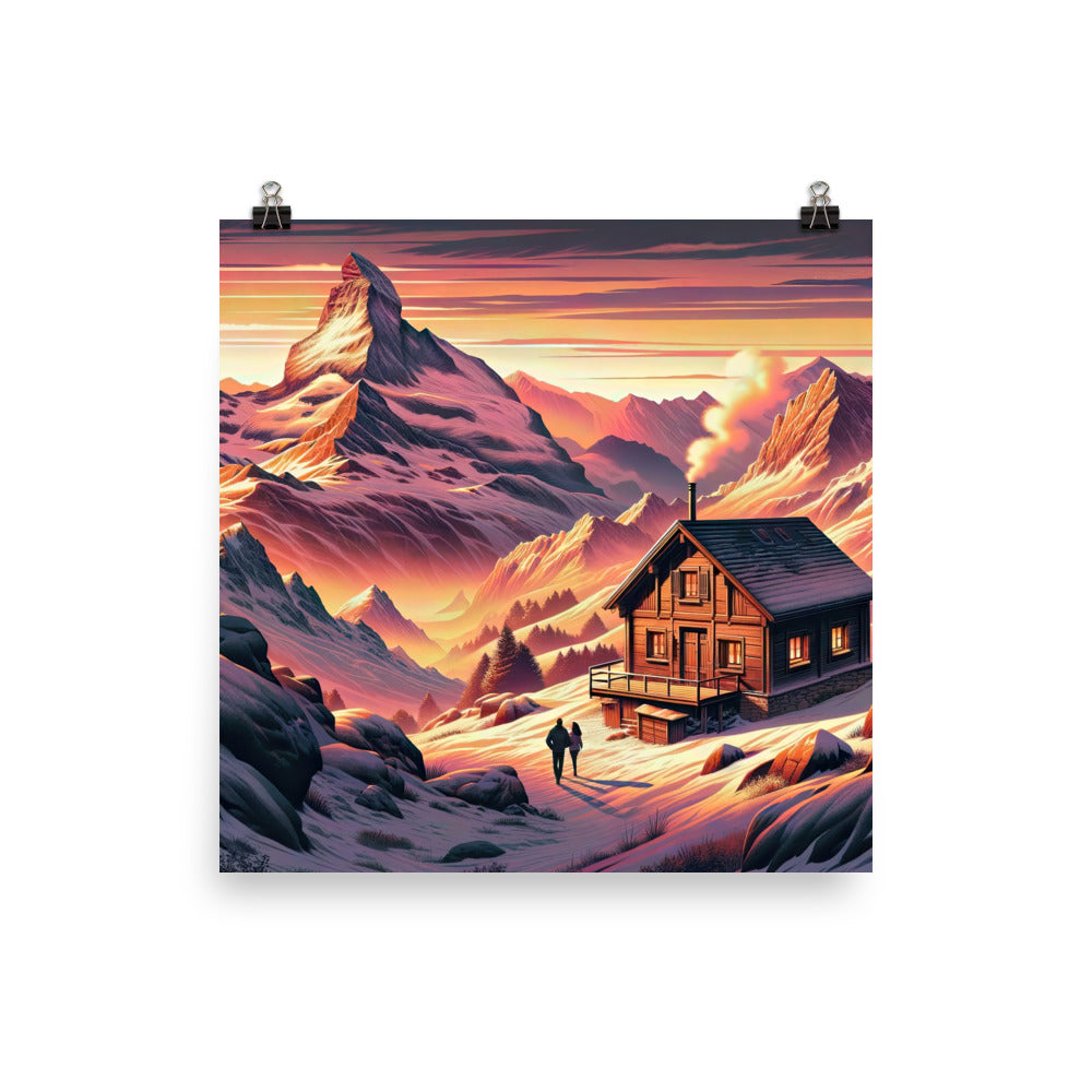 Berghütte im goldenen Sonnenuntergang: Digitale Alpenillustration - Premium Poster (glänzend) berge xxx yyy zzz 25.4 x 25.4 cm