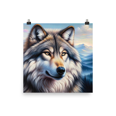 Ölgemäldeporträt eines majestätischen Wolfes mit intensiven Augen in der Berglandschaft (AN) - Premium Poster (glänzend) xxx yyy zzz 25.4 x 25.4 cm