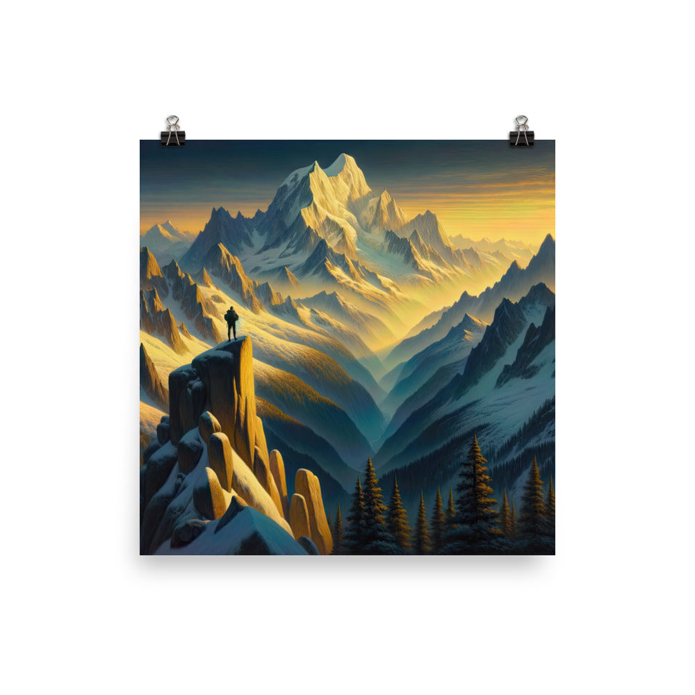 Ölgemälde eines Wanderers bei Morgendämmerung auf Alpengipfeln mit goldenem Sonnenlicht - Premium Poster (glänzend) wandern xxx yyy zzz 25.4 x 25.4 cm