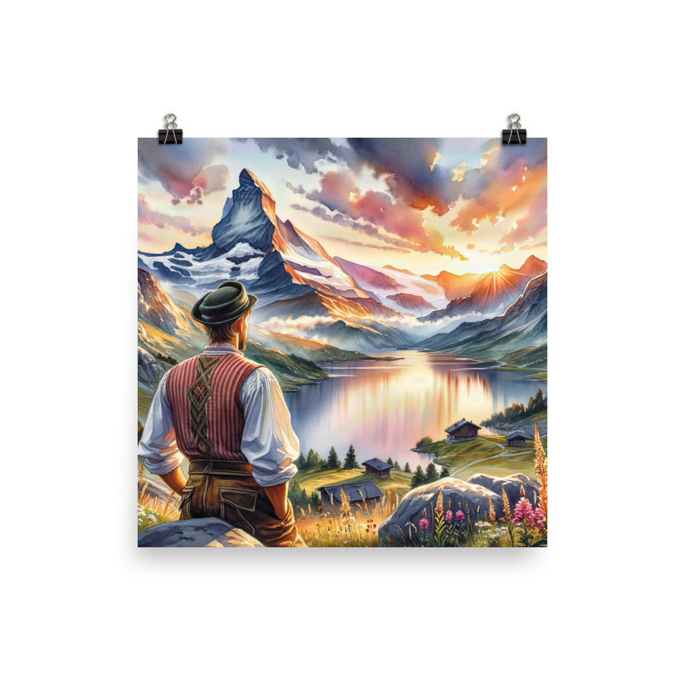 Aquarell einer Berglandschaft in der goldenen Stunde mit österreichischem Wanderer - Premium Poster (glänzend) wandern xxx yyy zzz 25.4 x 25.4 cm