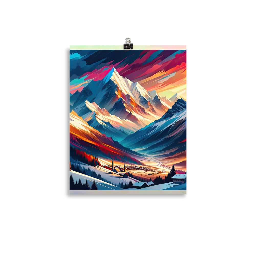 Moderne geometrische Alpen Kunst: Warmer Sonnenuntergangs Schein auf Schneegipfeln - Premium Poster (glänzend) berge xxx yyy zzz 27.9 x 35.6 cm