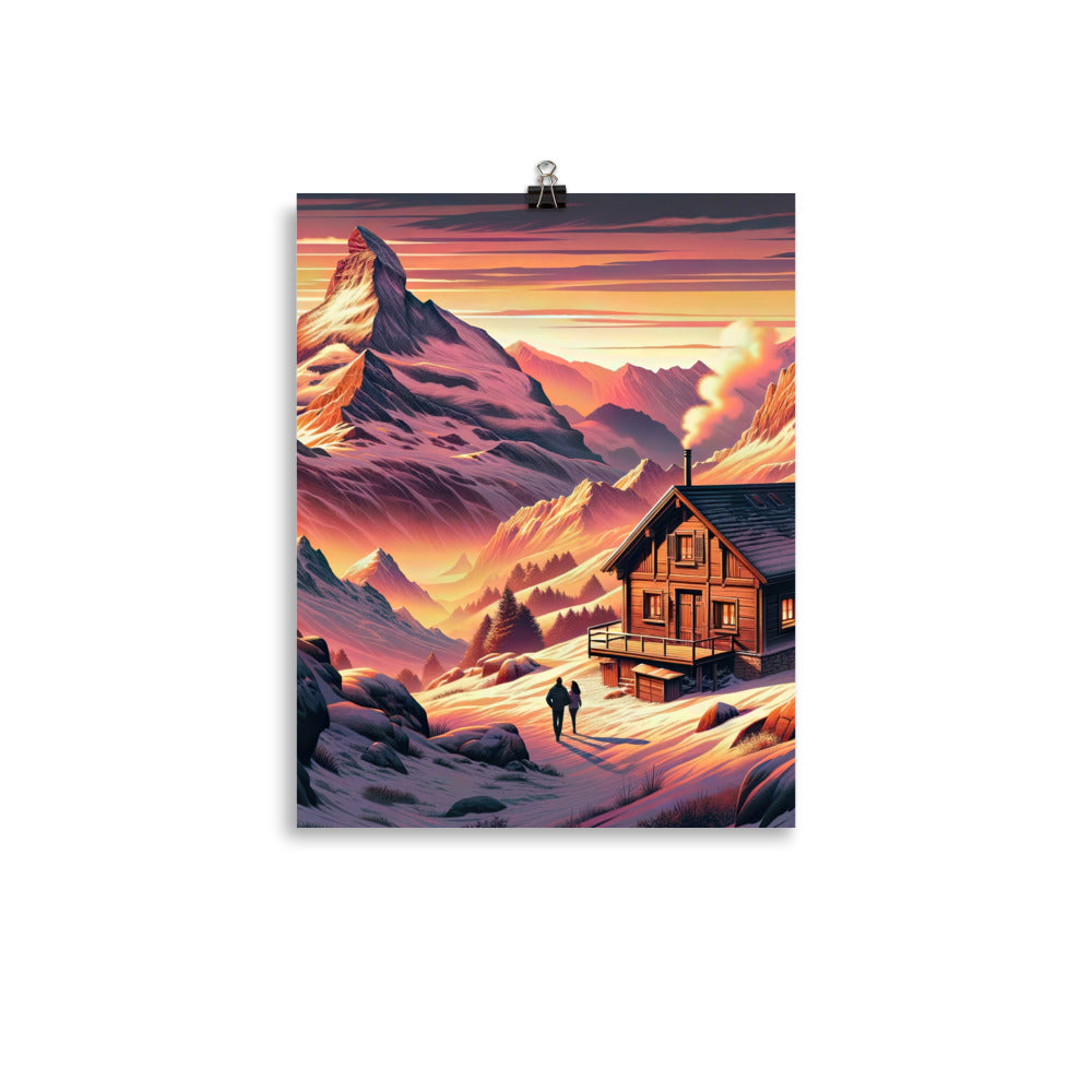 Berghütte im goldenen Sonnenuntergang: Digitale Alpenillustration - Premium Poster (glänzend) berge xxx yyy zzz 27.9 x 35.6 cm