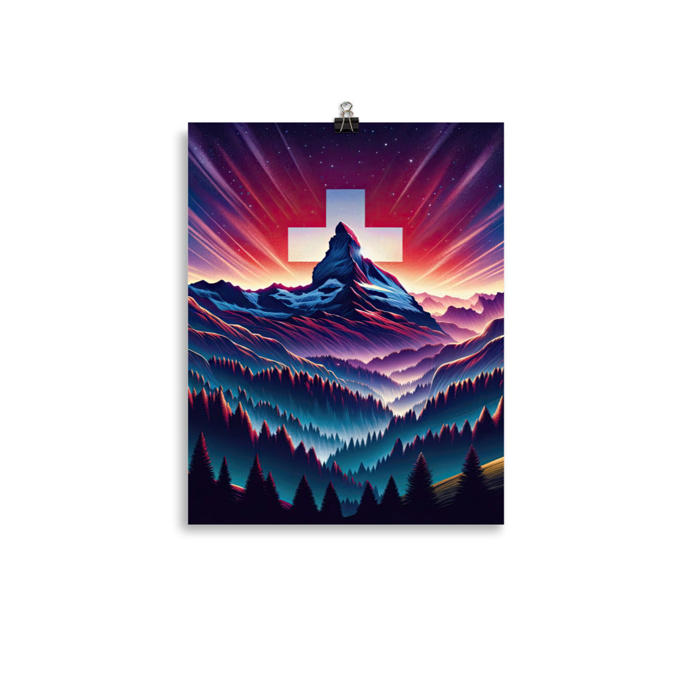 Alpenszene in Dämmerung mit Schweizer Flagge - Premium Poster (glänzend) berge xxx yyy zzz 27.9 x 35.6 cm