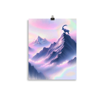 Pastellzeichnung der Alpen im Morgengrauen mit Steinbock in Rosa- und Lavendeltönen - Premium Poster (glänzend) berge xxx yyy zzz 27.9 x 35.6 cm