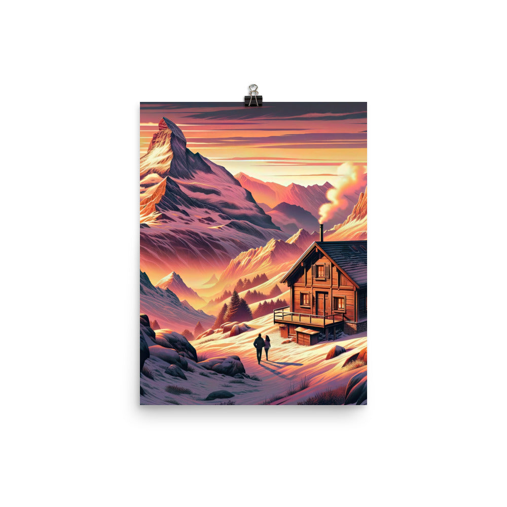 Berghütte im goldenen Sonnenuntergang: Digitale Alpenillustration - Premium Poster (glänzend) berge xxx yyy zzz 30.5 x 40.6 cm