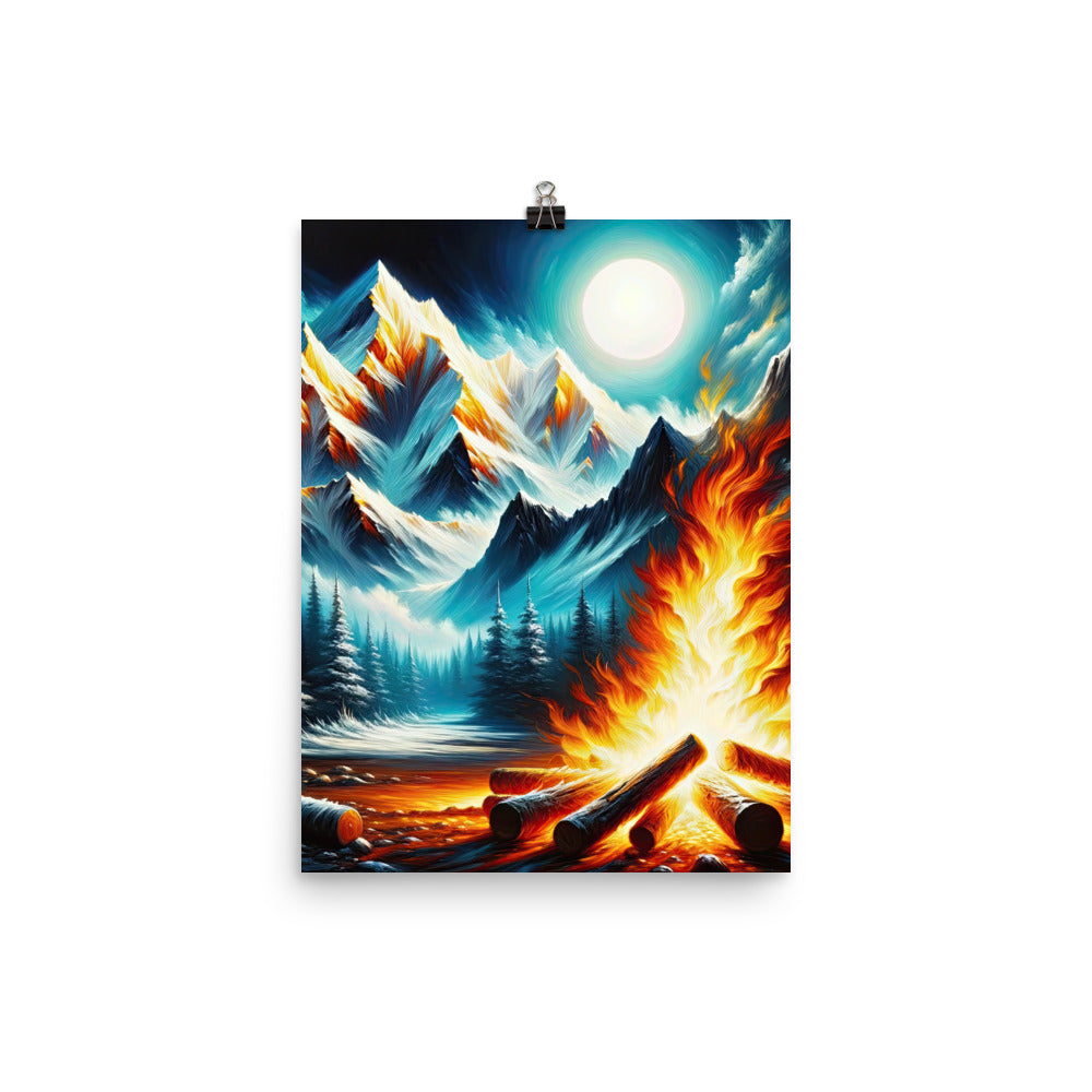 Ölgemälde von Feuer und Eis: Lagerfeuer und Alpen im Kontrast, warme Flammen - Premium Poster (glänzend) camping xxx yyy zzz 30.5 x 40.6 cm