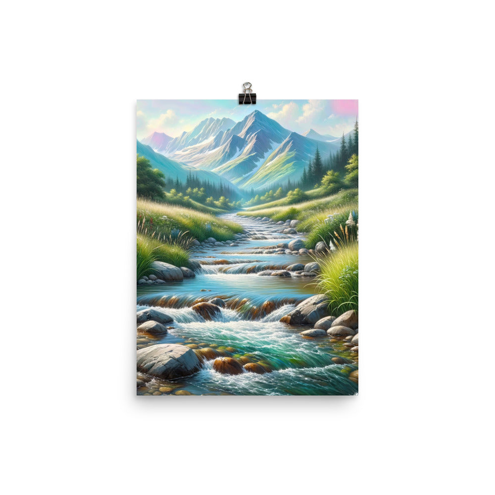 Sanfter Gebirgsbach in Ölgemälde, klares Wasser über glatten Felsen - Premium Poster (glänzend) berge xxx yyy zzz 30.5 x 40.6 cm