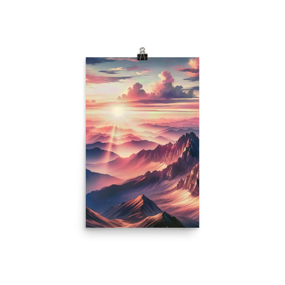 Schöne Berge bei Sonnenaufgang: Malerei in Pastelltönen - Premium Poster (glänzend) berge xxx yyy zzz 30.5 x 45.7 cm