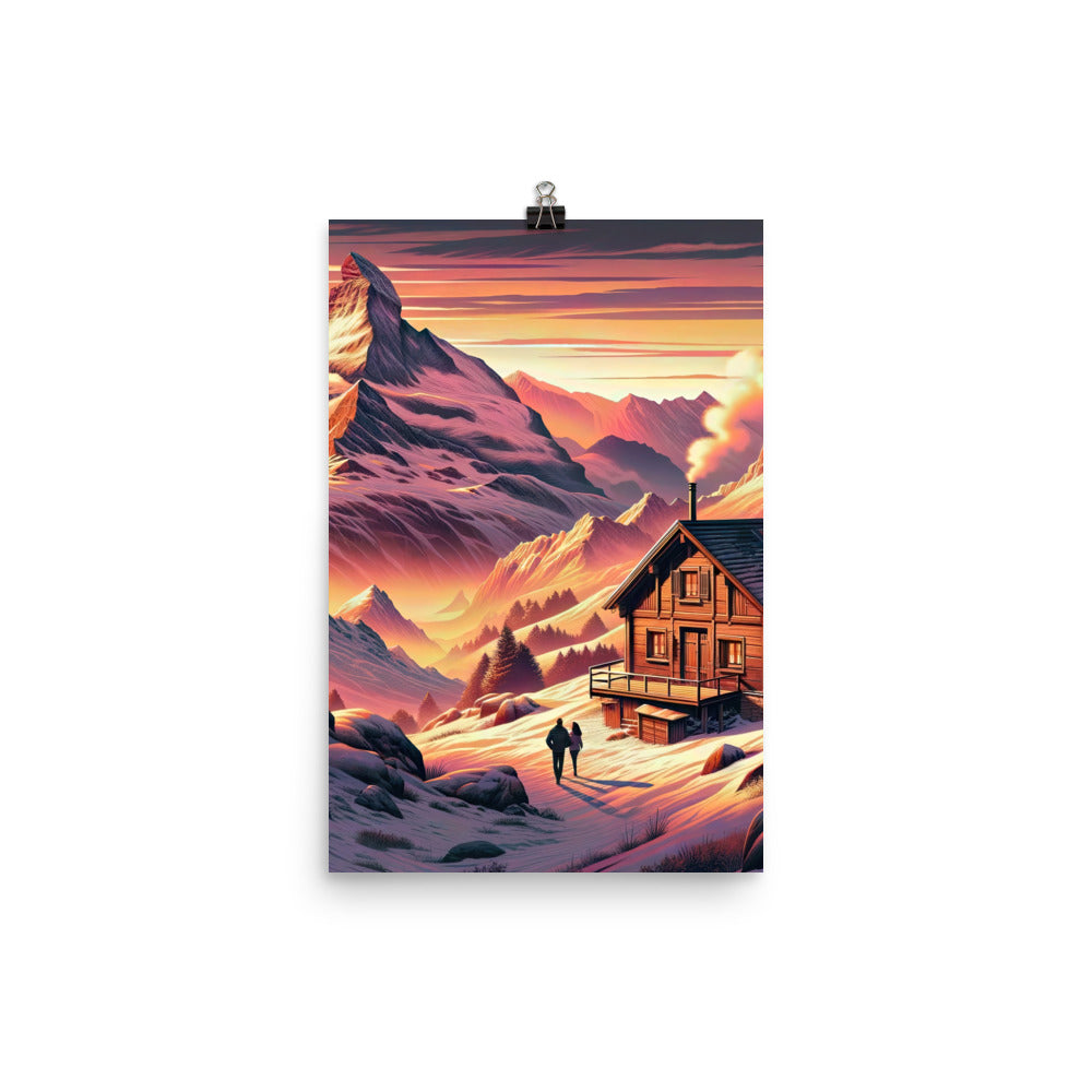 Berghütte im goldenen Sonnenuntergang: Digitale Alpenillustration - Premium Poster (glänzend) berge xxx yyy zzz 30.5 x 45.7 cm