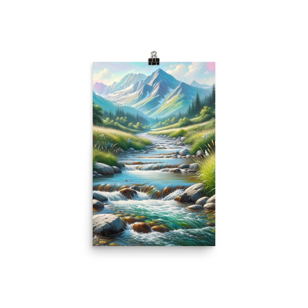 Sanfter Gebirgsbach in Ölgemälde, klares Wasser über glatten Felsen - Premium Poster (glänzend) berge xxx yyy zzz 30.5 x 45.7 cm