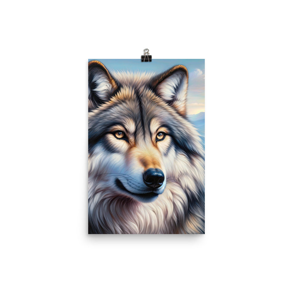 Ölgemäldeporträt eines majestätischen Wolfes mit intensiven Augen in der Berglandschaft (AN) - Premium Poster (glänzend) xxx yyy zzz 30.5 x 45.7 cm