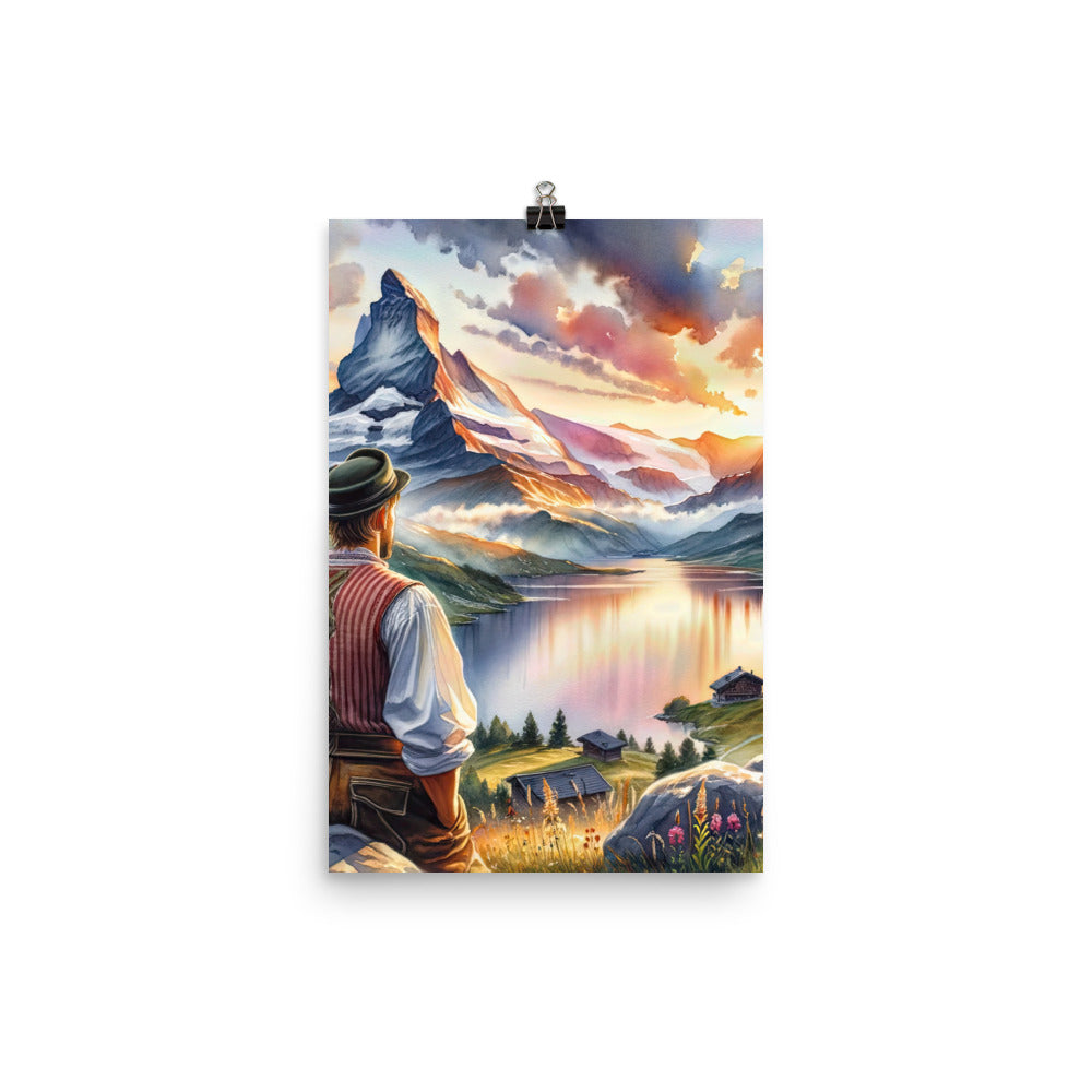 Aquarell einer Berglandschaft in der goldenen Stunde mit österreichischem Wanderer - Premium Poster (glänzend) wandern xxx yyy zzz 30.5 x 45.7 cm