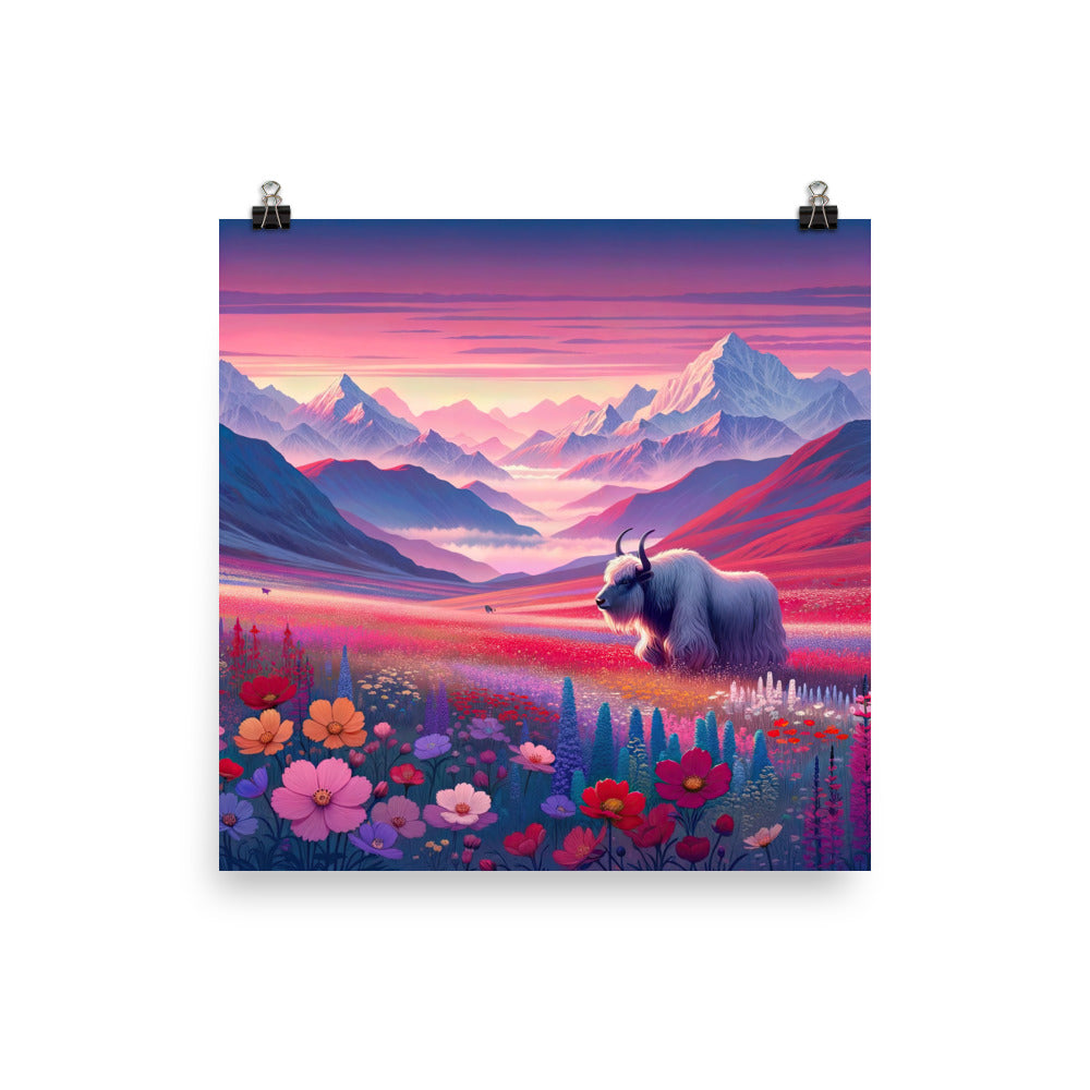 Verträumte Berg-Abenddämmerung mit Hochlandrind und blumigem Glanz - Premium Poster (glänzend) berge xxx yyy zzz 35.6 x 35.6 cm