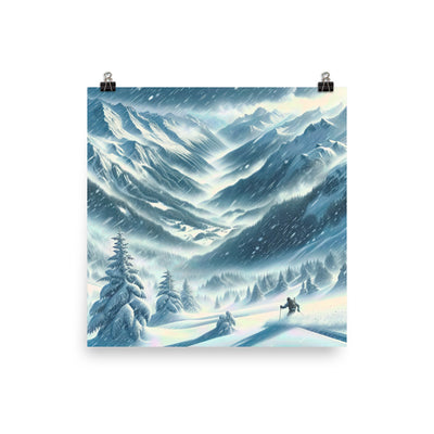 Alpine Wildnis im Wintersturm mit Skifahrer, verschneite Landschaft - Premium Poster (glänzend) klettern ski xxx yyy zzz 35.6 x 35.6 cm