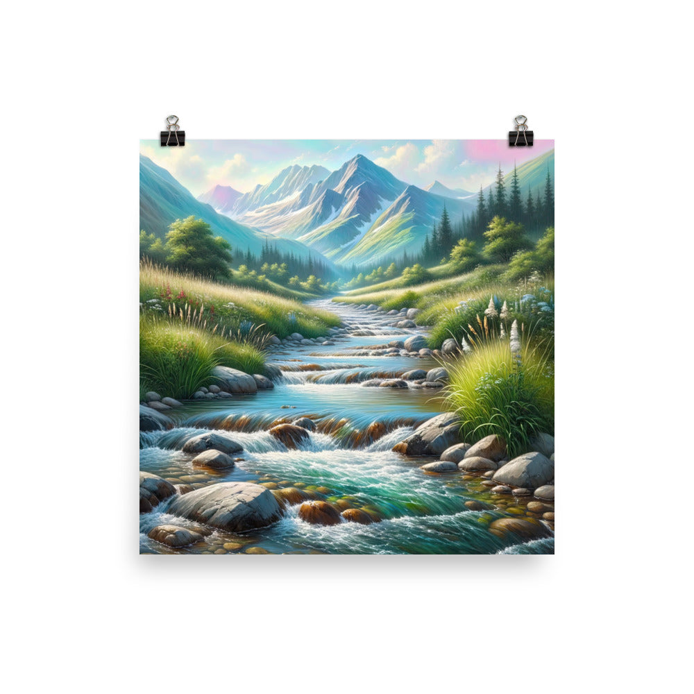 Sanfter Gebirgsbach in Ölgemälde, klares Wasser über glatten Felsen - Premium Poster (glänzend) berge xxx yyy zzz 35.6 x 35.6 cm