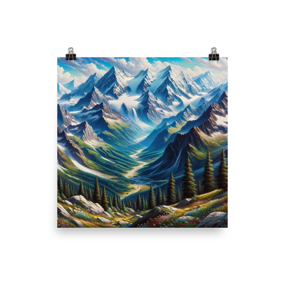 Panorama-Ölgemälde der Alpen mit schneebedeckten Gipfeln und schlängelnden Flusstälern - Premium Poster (glänzend) berge xxx yyy zzz 35.6 x 35.6 cm