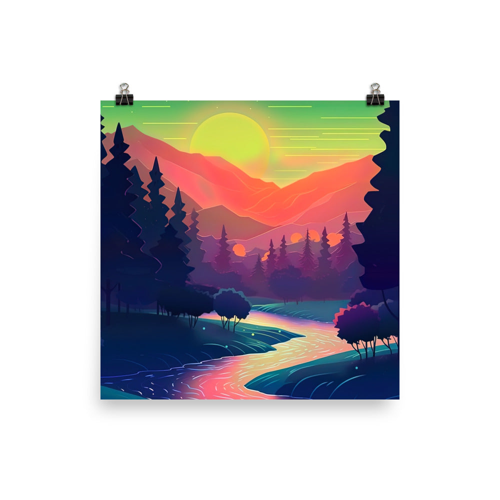 Berge, Fluss, Sonnenuntergang - Malerei - Premium Poster (glänzend) berge xxx 40.6 x 40.6 cm