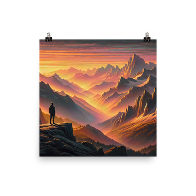 Ölgemälde der Alpen in der goldenen Stunde mit Wanderer, Orange-Rosa Bergpanorama - Premium Poster (glänzend) wandern xxx yyy zzz 40.6 x 40.6 cm