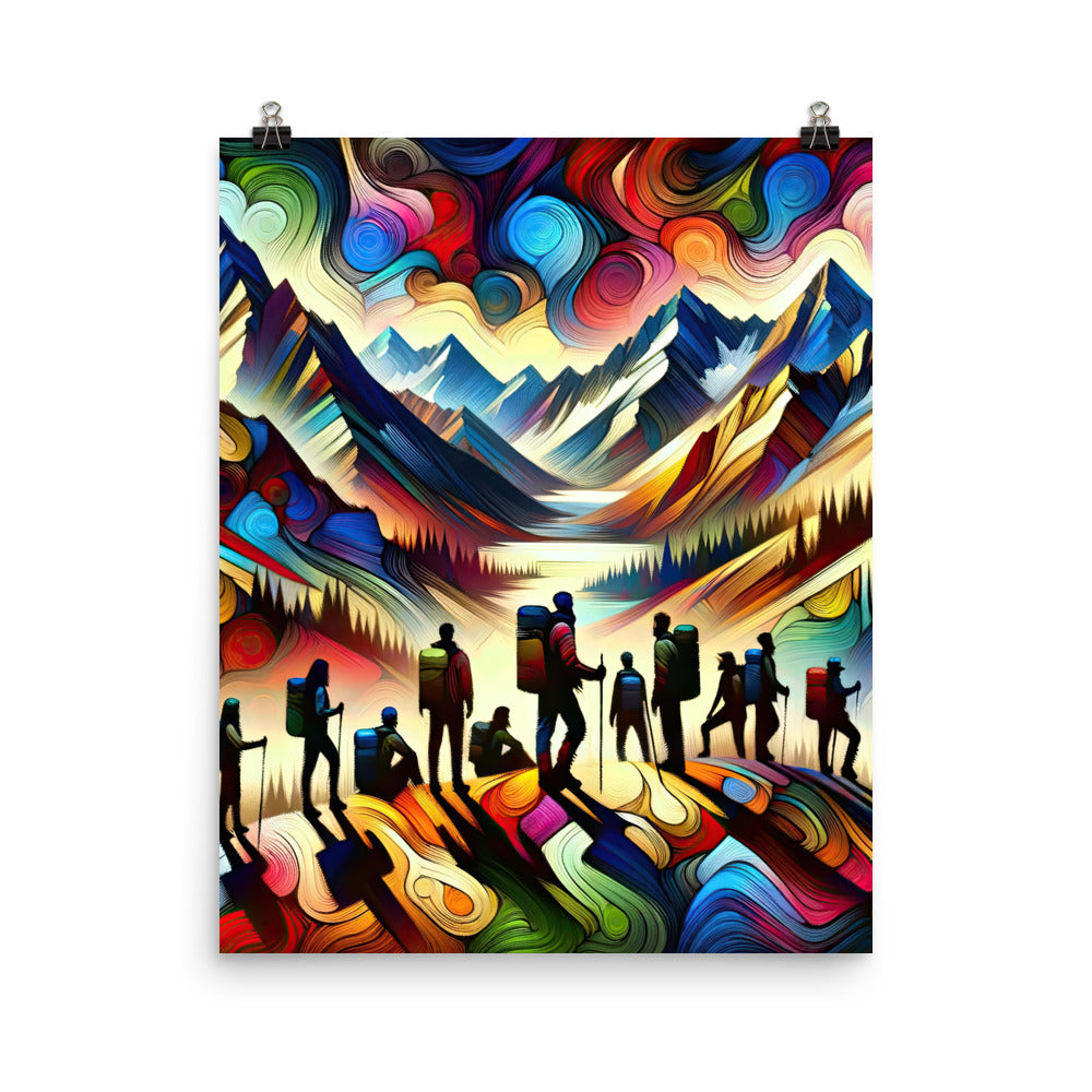 Abstraktes Kunstgemälde der Alpen voller lebendiger Muster. Ein vielfältiges Wanderteam, sowohl Männer als auch Frauen - Premium Luster wandern xxx yyy zzz 40.6 x 50.8 cm