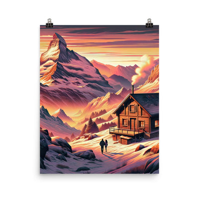 Berghütte im goldenen Sonnenuntergang: Digitale Alpenillustration - Premium Poster (glänzend) berge xxx yyy zzz 40.6 x 50.8 cm