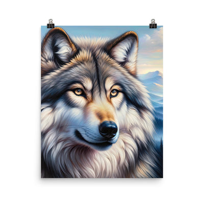 Ölgemäldeporträt eines majestätischen Wolfes mit intensiven Augen in der Berglandschaft (AN) - Premium Poster (glänzend) xxx yyy zzz 40.6 x 50.8 cm