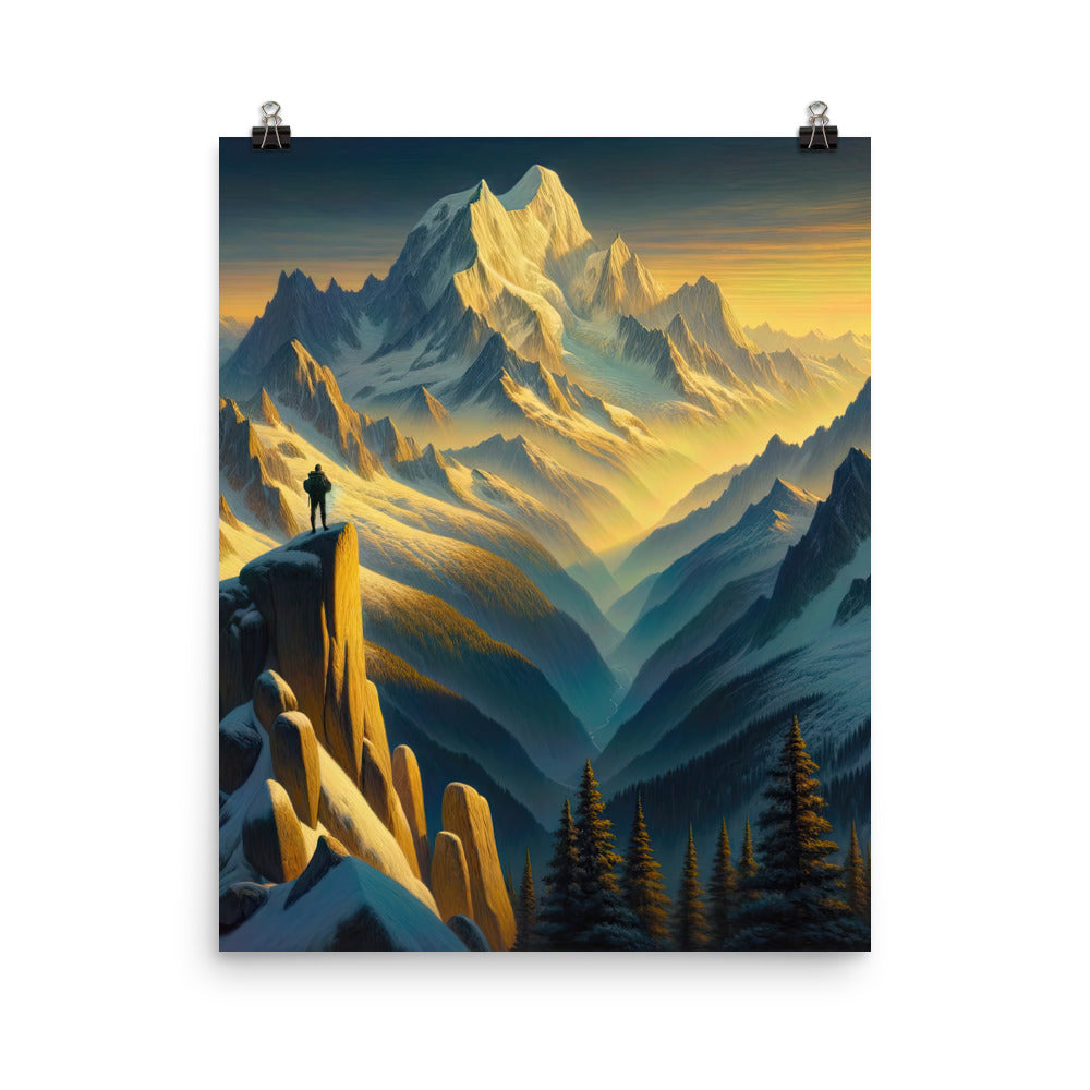 Ölgemälde eines Wanderers bei Morgendämmerung auf Alpengipfeln mit goldenem Sonnenlicht - Premium Poster (glänzend) wandern xxx yyy zzz 40.6 x 50.8 cm