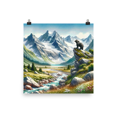 Aquarellmalerei eines Bären und der sommerlichen Alpenschönheit mit schneebedeckten Ketten - Premium Poster (glänzend) camping xxx yyy zzz 45.7 x 45.7 cm