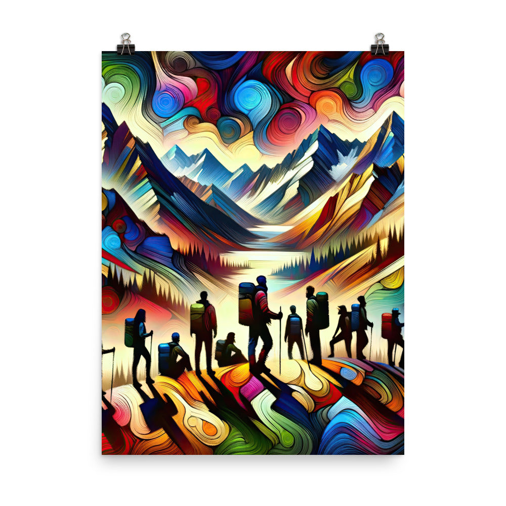 Abstraktes Kunstgemälde der Alpen voller lebendiger Muster. Ein vielfältiges Wanderteam, sowohl Männer als auch Frauen - Premium Luster wandern xxx yyy zzz 45.7 x 61 cm