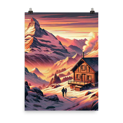 Berghütte im goldenen Sonnenuntergang: Digitale Alpenillustration - Premium Poster (glänzend) berge xxx yyy zzz 45.7 x 61 cm