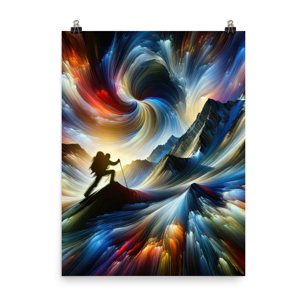 Foto der Alpen in abstrakten Farben mit Bergsteigersilhouette - Premium Poster (glänzend) wandern xxx yyy zzz 45.7 x 61 cm