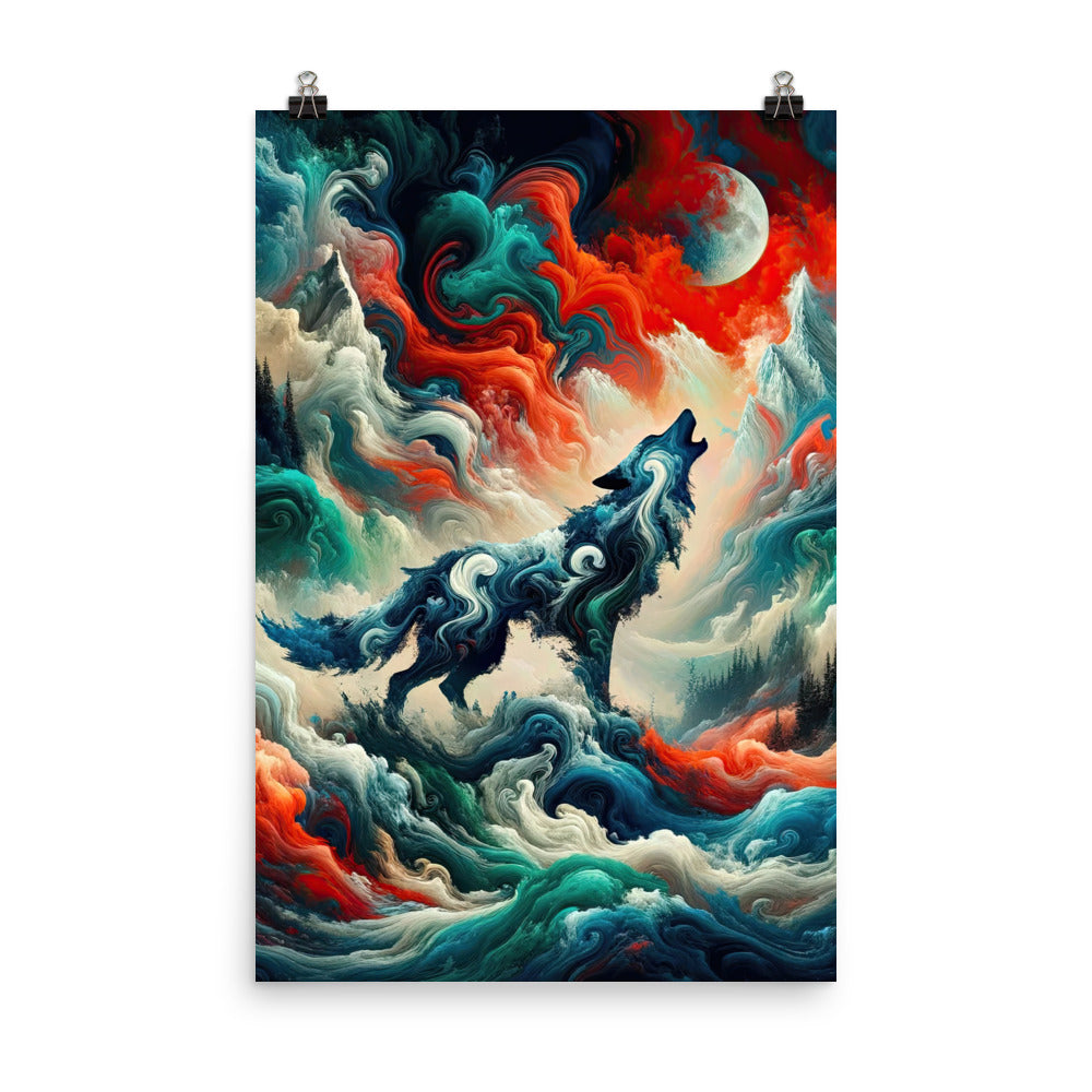 Abstrakte Kunst eines Wolfes in den Alpen mit Mustern aus eisigem Blau und Waldgrün verschmelzen mit feurigen Farben (AN) - Premium Luster xxx yyy zzz 61 x 91.4 cm