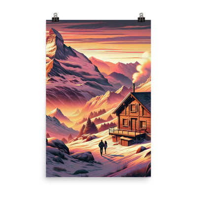 Berghütte im goldenen Sonnenuntergang: Digitale Alpenillustration - Premium Poster (glänzend) berge xxx yyy zzz 61 x 91.4 cm