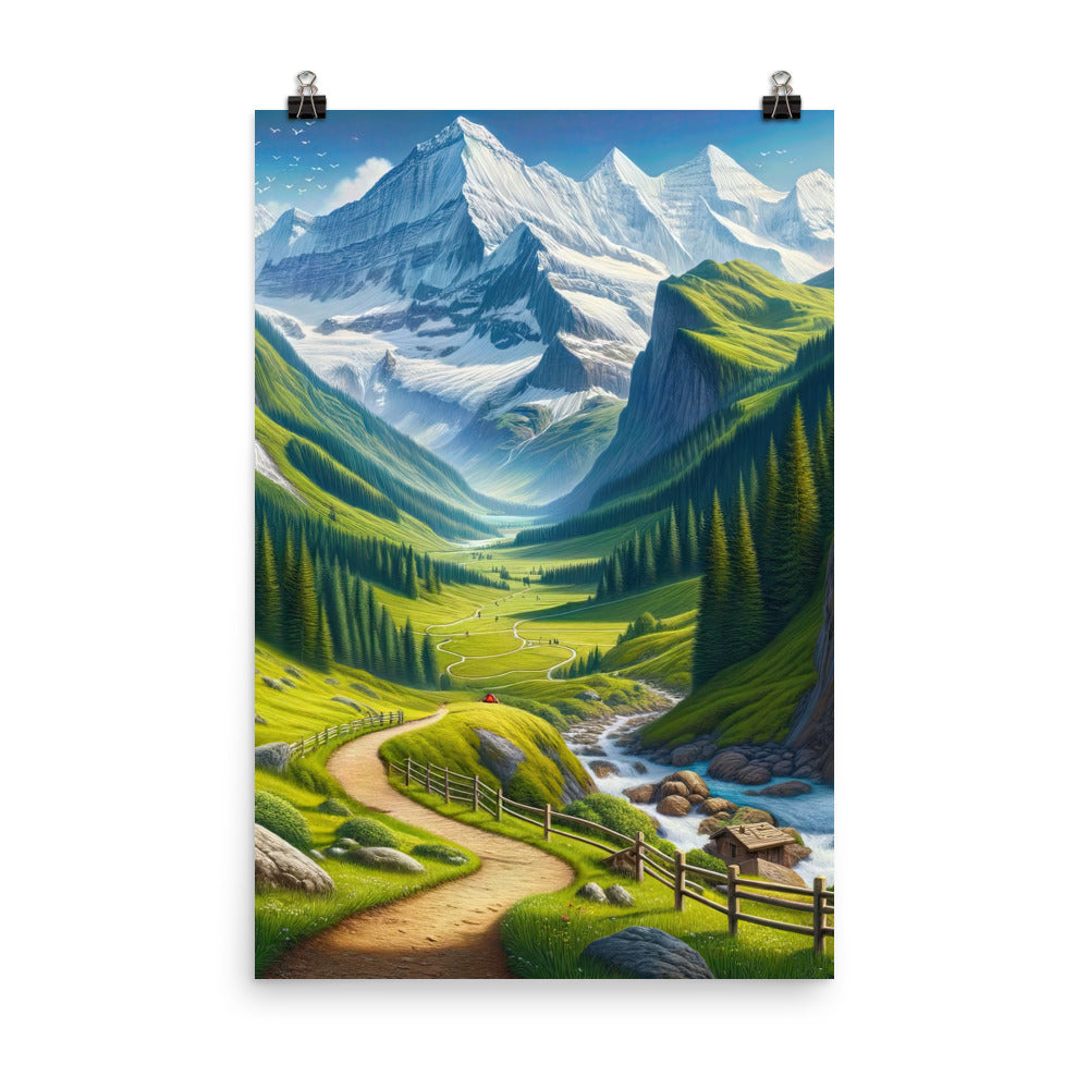 Wanderer in den Bergen und Wald: Digitale Malerei mit grünen kurvenreichen Pfaden - Premium Poster (glänzend) wandern xxx yyy zzz 61 x 91.4 cm