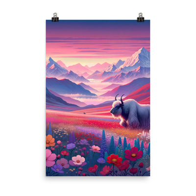 Verträumte Berg-Abenddämmerung mit Hochlandrind und blumigem Glanz - Premium Poster (glänzend) berge xxx yyy zzz 61 x 91.4 cm