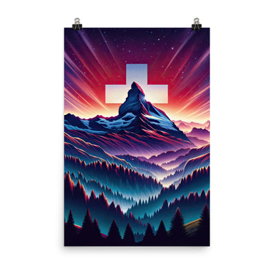 Alpenszene in Dämmerung mit Schweizer Flagge - Premium Poster (glänzend) berge xxx yyy zzz 61 x 91.4 cm