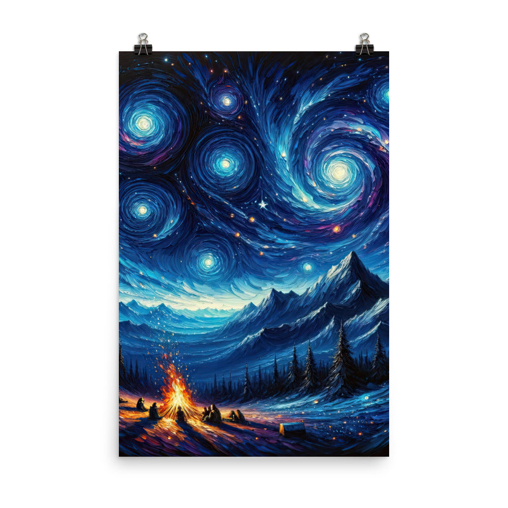 Sternennacht über den Alpen inspiriertes Ölgemälde, mystischer Nachthimmel in Blau - Premium Poster (glänzend) camping xxx yyy zzz 61 x 91.4 cm